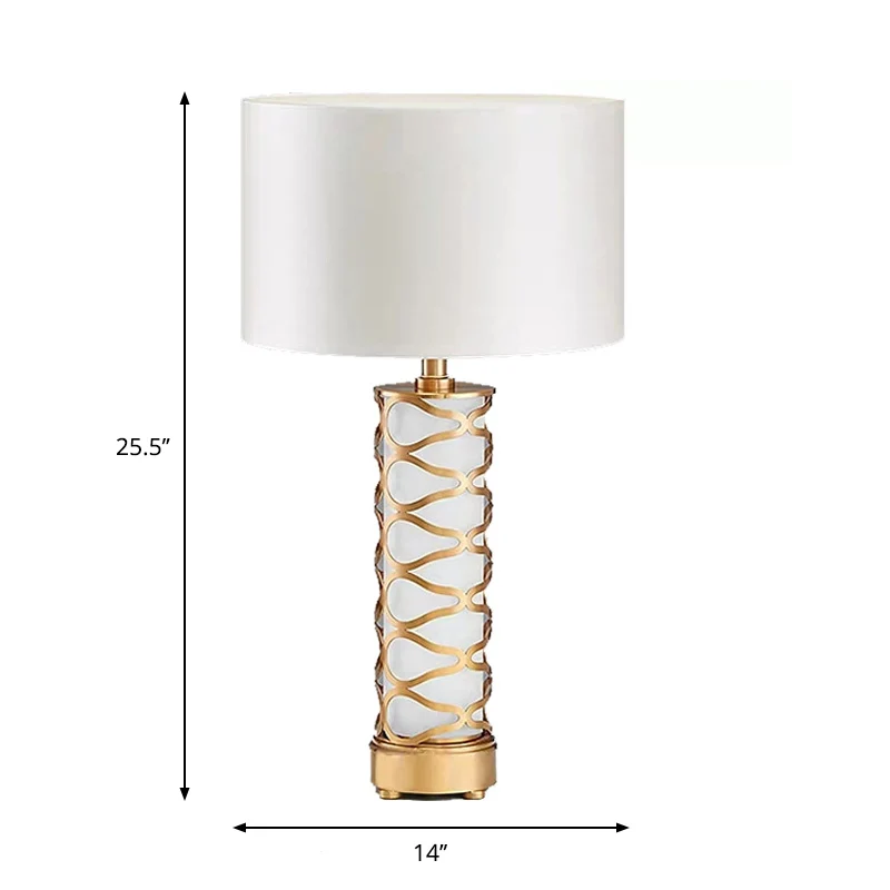 Drum Slaapkamer Nachttafellamp Klassieke stoffen 1-kops witte bureaulamp met cilindervoet Clearhalo