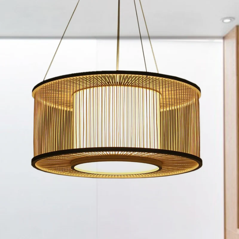 Drum Suspension Hanglamp Hedendaags Bamboe 1 Lamp Houten Hanglampset, 16"/19,5" Breed Clearhalo