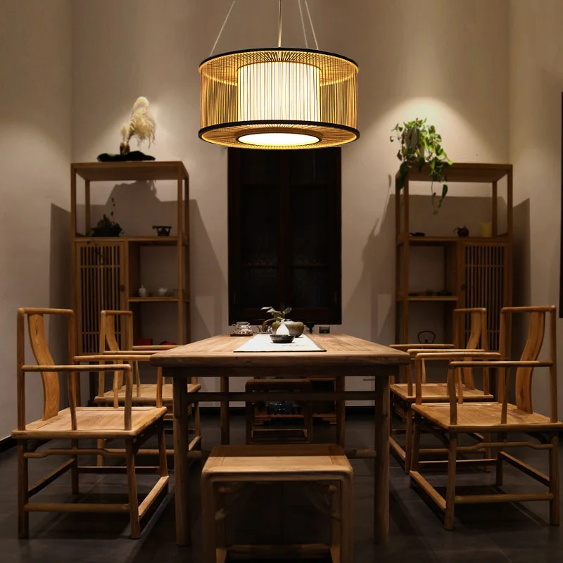 Drum Suspension Hanglamp Hedendaags Bamboe 1 Lamp Houten Hanglampset, 16"/19,5" Breed Clearhalo
