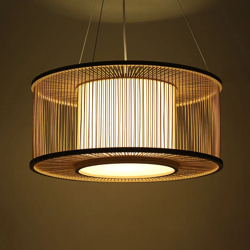 Drum Suspension Hanglamp Hedendaags Bamboe 1 Lamp Houten Hanglampset, 16"/19,5" Breed Clearhalo