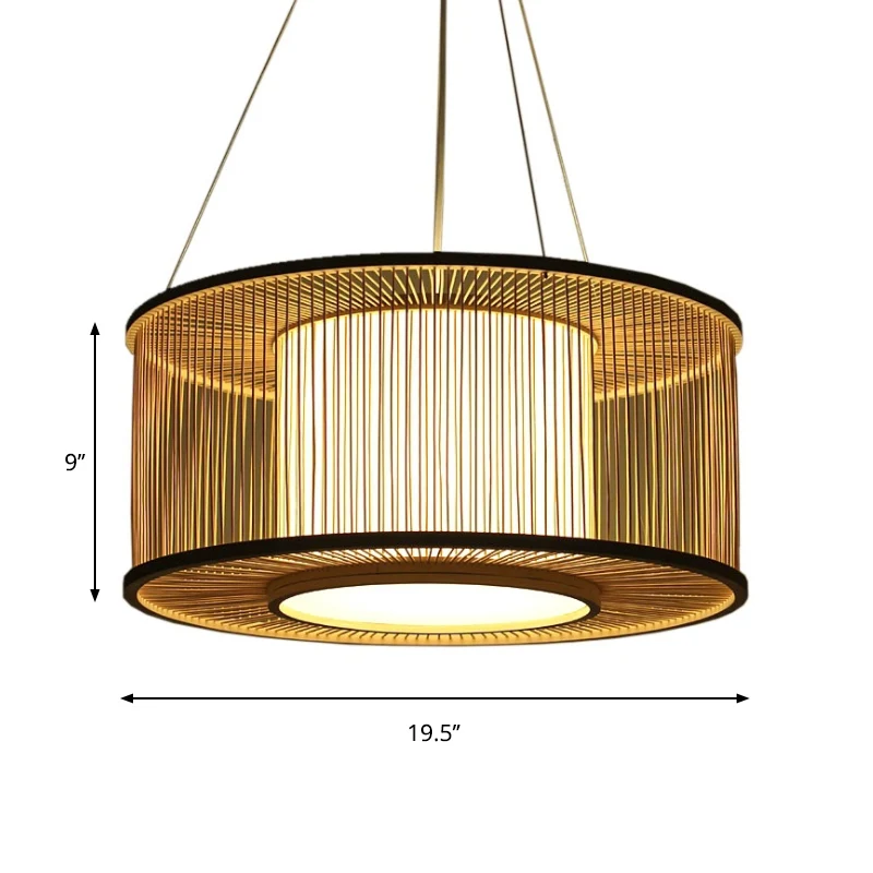 Drum Suspension Hanglamp Hedendaags Bamboe 1 Lamp Houten Hanglampset, 16"/19,5" Breed Clearhalo