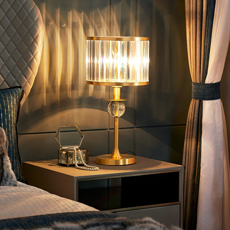 Drum Task Lighting Moderne handgesneden kristallen 1-kops gouden nachtkastjelamp voor woonkamer Clearhalo