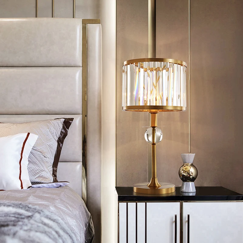 Drum Task Lighting Moderne handgesneden kristallen 1-kops gouden nachtkastjelamp voor woonkamer Clearhalo