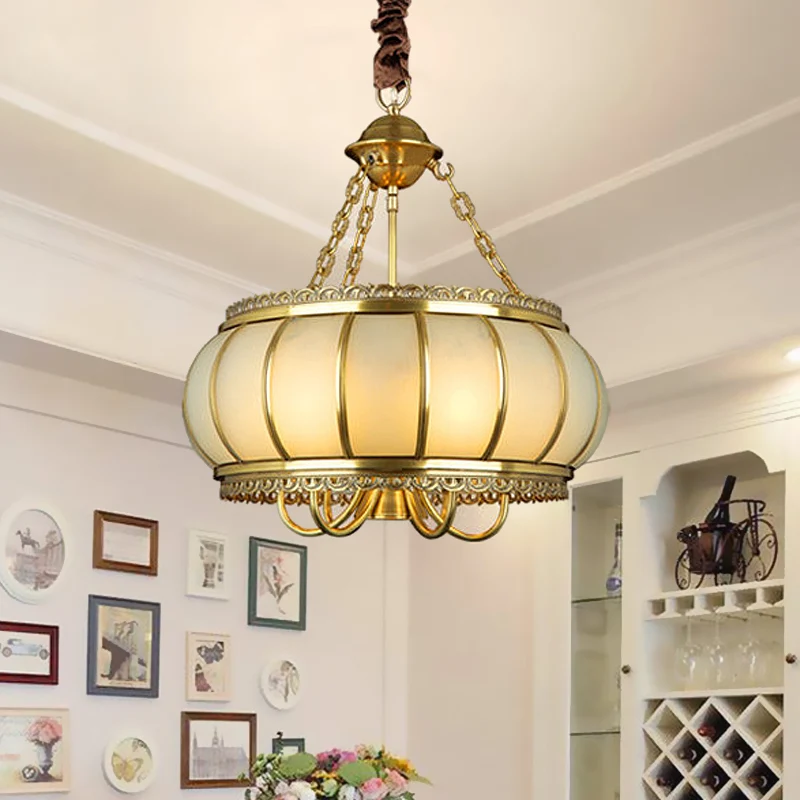 Drum Woonkamer Hangende Kroonluchter Koloniaal Opaal Geblazen Glas 4 Hoofden Messing Hangende Plafondlamp Clearhalo