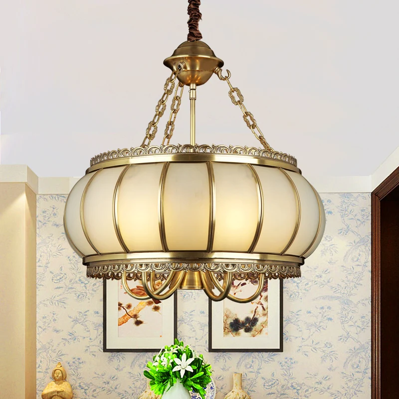 Drum Woonkamer Hangende Kroonluchter Koloniaal Opaal Geblazen Glas 4 Hoofden Messing Hangende Plafondlamp Clearhalo