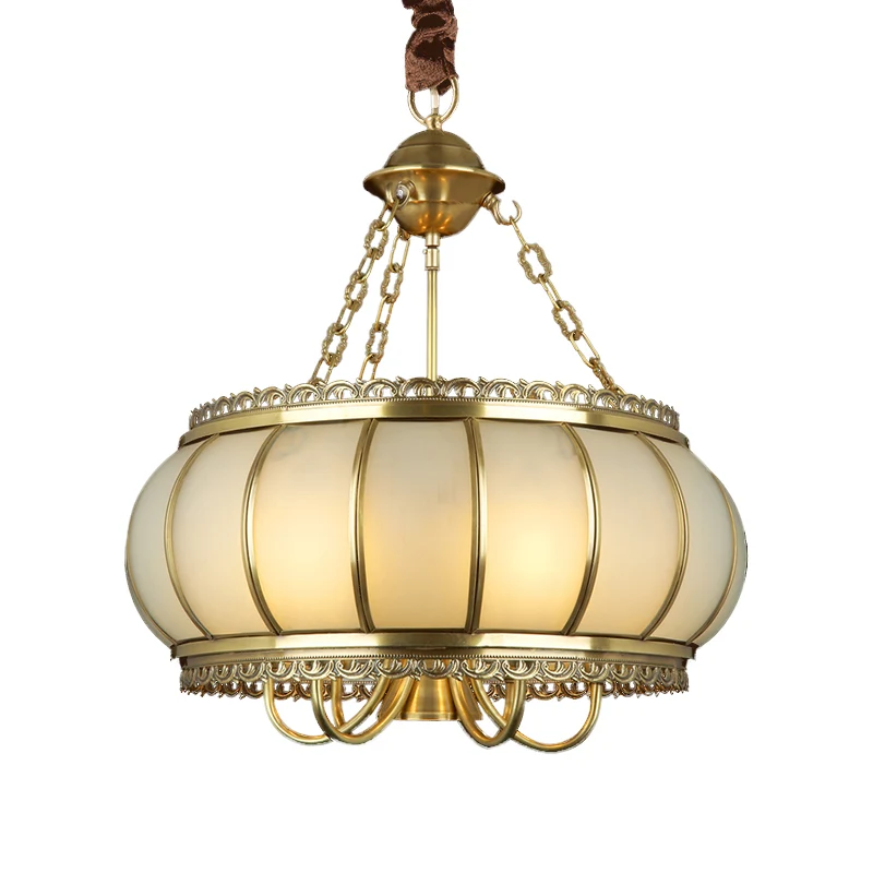 Drum Woonkamer Hangende Kroonluchter Koloniaal Opaal Geblazen Glas 4 Hoofden Messing Hangende Plafondlamp Clearhalo