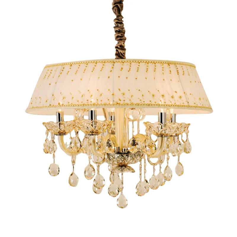 Drum Woonkamer Kroonluchter Lichte Eigentijdse Stof 4 Hoofden Beige Hanglamp met Kristallen Druppel Clearhalo