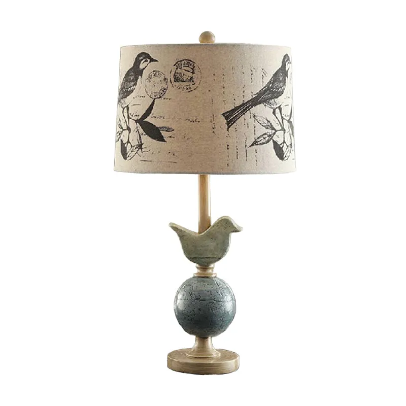 Drumtafellamp van bedrukte stof Nieuw modern enkel beige nachtlampje met vogel- en bolbasis Clearhalo