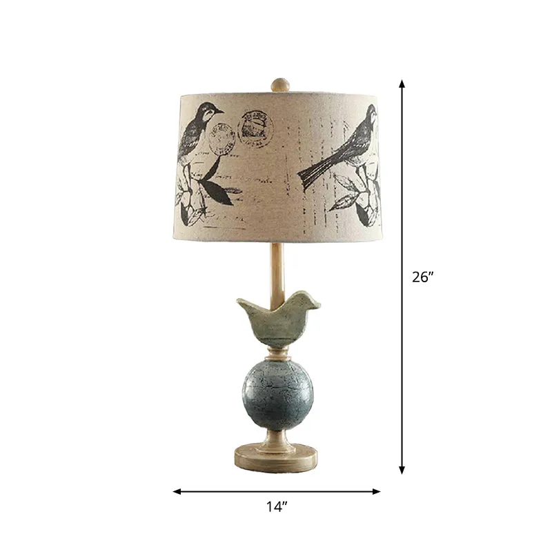 Drumtafellamp van bedrukte stof Nieuw modern enkel beige nachtlampje met vogel- en bolbasis Clearhalo