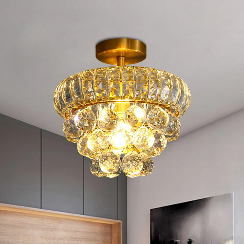 Druppelvormige semi-gemonteerde verlichting Modern helder kristal 1-kops gangplafondlamp messing Clearhalo