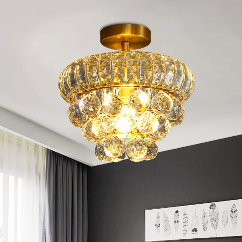 Druppelvormige semi-gemonteerde verlichting Modern helder kristal 1-kops gangplafondlamp messing Clearhalo