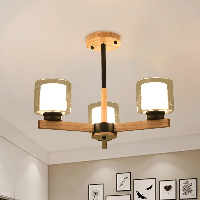 Dubbele glazen cilinderkap hangende kroonluchter 3/6 lichte houten plafondlamp voor woonkamer Clearhalo