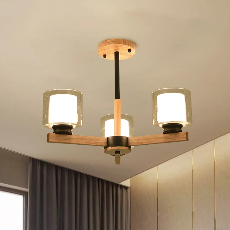 Dubbele glazen cilinderkap hangende kroonluchter 3/6 lichte houten plafondlamp voor woonkamer Clearhalo