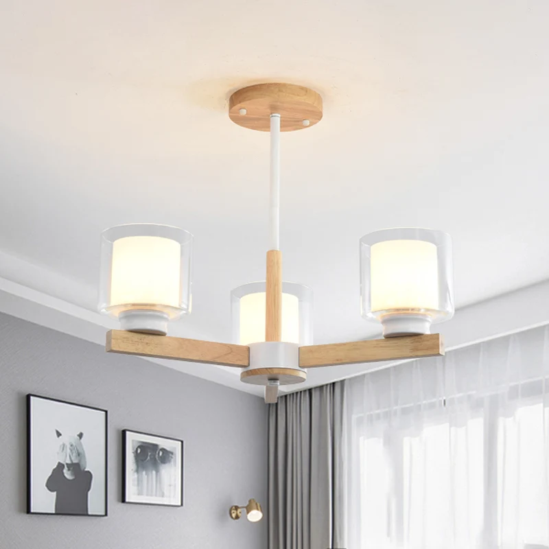 Dubbele glazen cilinderkap hangende kroonluchter 3/6 lichte houten plafondlamp voor woonkamer Clearhalo