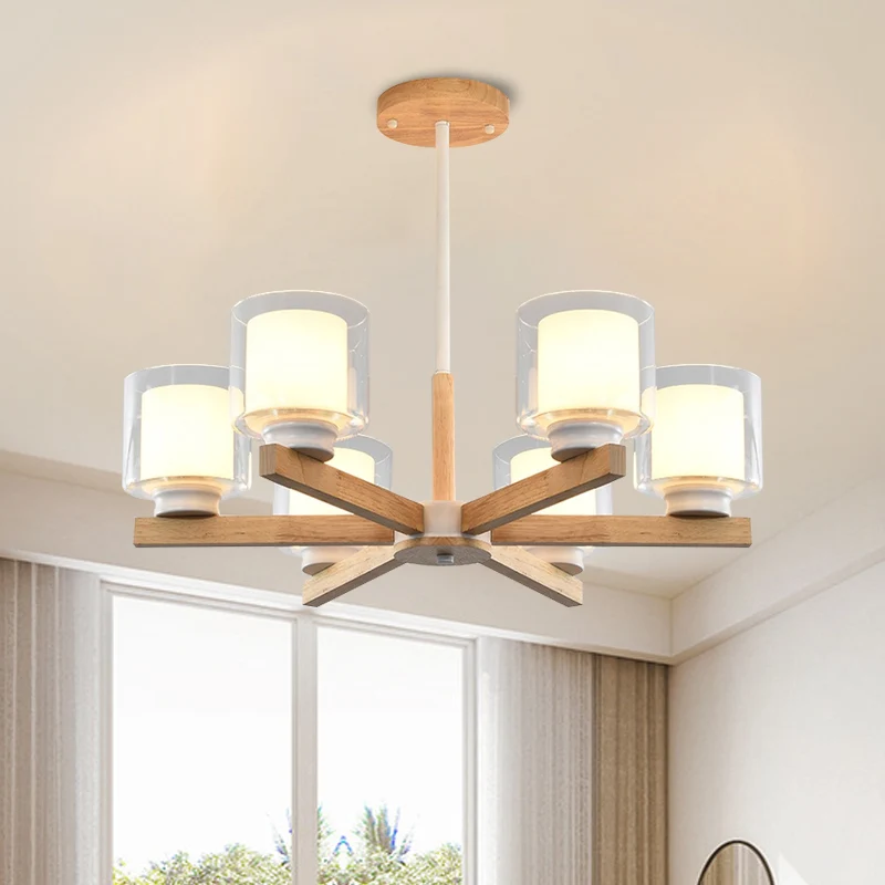 Dubbele glazen cilinderkap hangende kroonluchter 3/6 lichte houten plafondlamp voor woonkamer Clearhalo