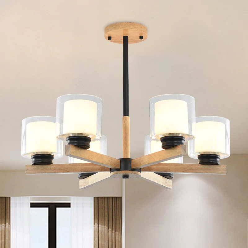 Dubbele glazen cilinderkap hangende kroonluchter 3/6 lichte houten plafondlamp voor woonkamer Clearhalo