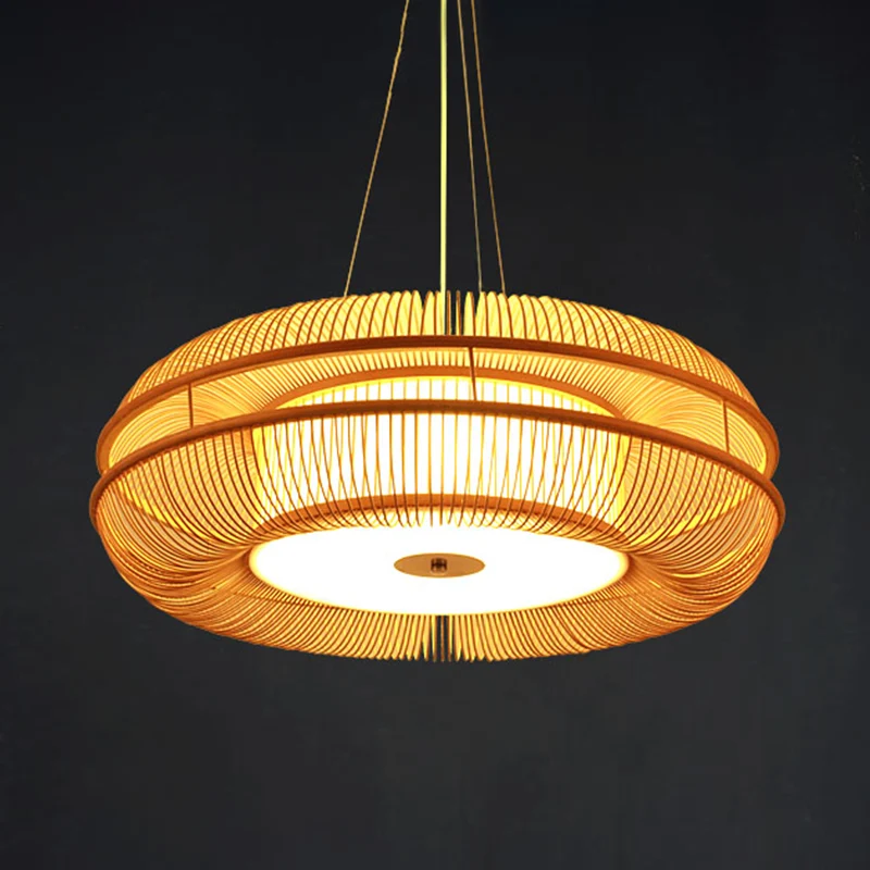 Dunut hanglamp Chinese bamboe 1 lamp beige hangende plafondlamp, 25,5"/31,5" lampenkap Clearhalo