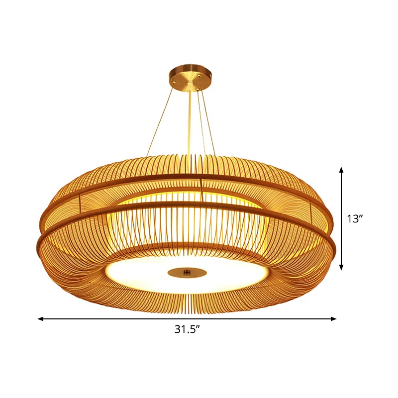 Dunut hanglamp Chinese bamboe 1 lamp beige hangende plafondlamp, 25,5"/31,5" lampenkap Clearhalo
