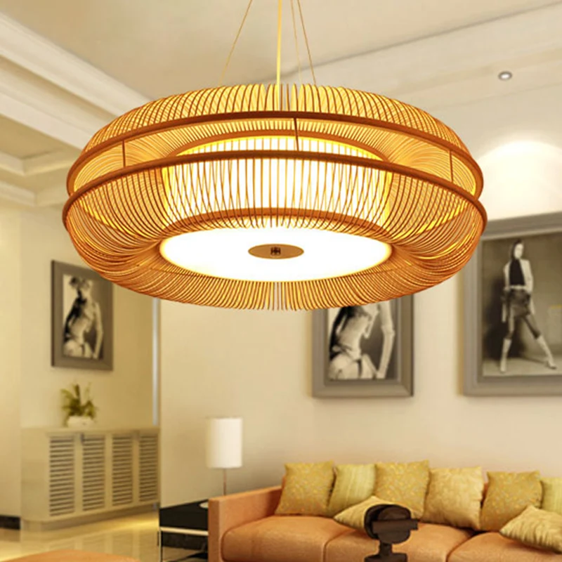 Dunut hanglamp Chinese bamboe 1 lamp beige hangende plafondlamp, 25,5"/31,5" lampenkap Clearhalo