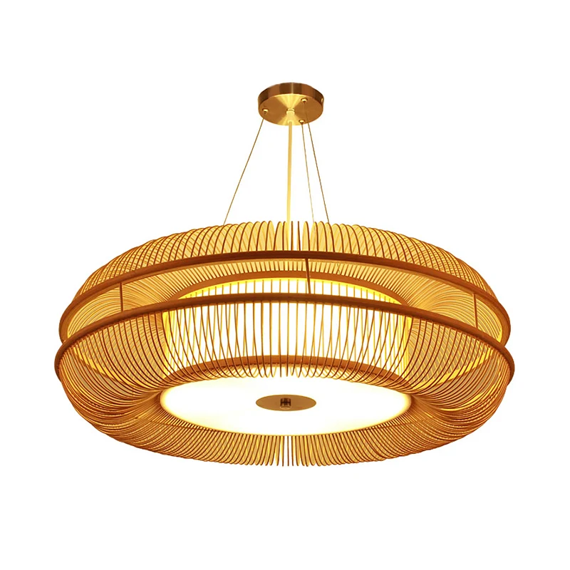 Dunut hanglamp Chinese bamboe 1 lamp beige hangende plafondlamp, 25,5"/31,5" lampenkap Clearhalo