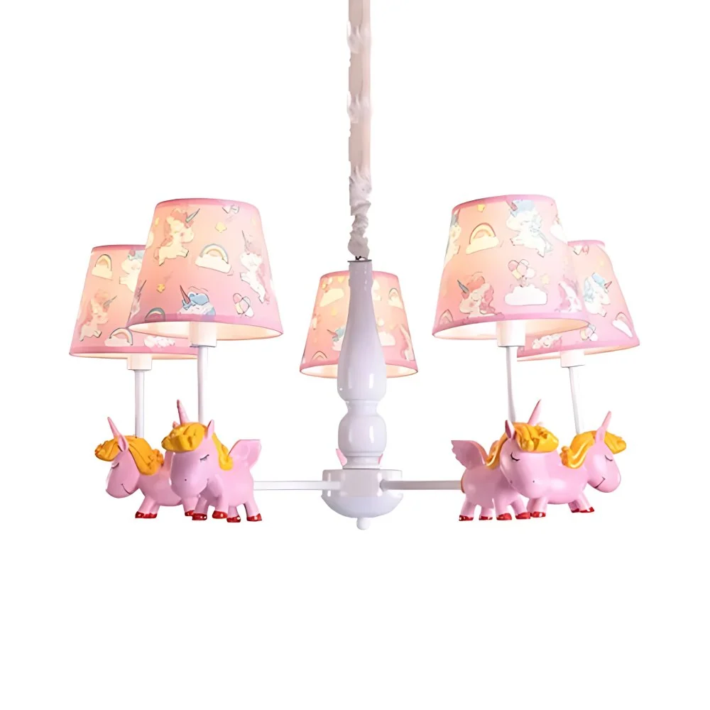 Eenhoorn kinderkamerkroonluchter met stoffen kap Metalen 5-kops mooie hanglamp Clearhalo