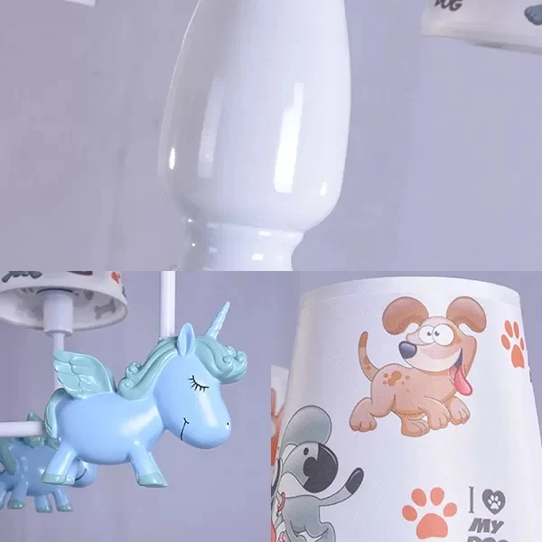 Eenhoorn kinderkamerkroonluchter met stoffen kap Metalen 5-kops mooie hanglamp Clearhalo