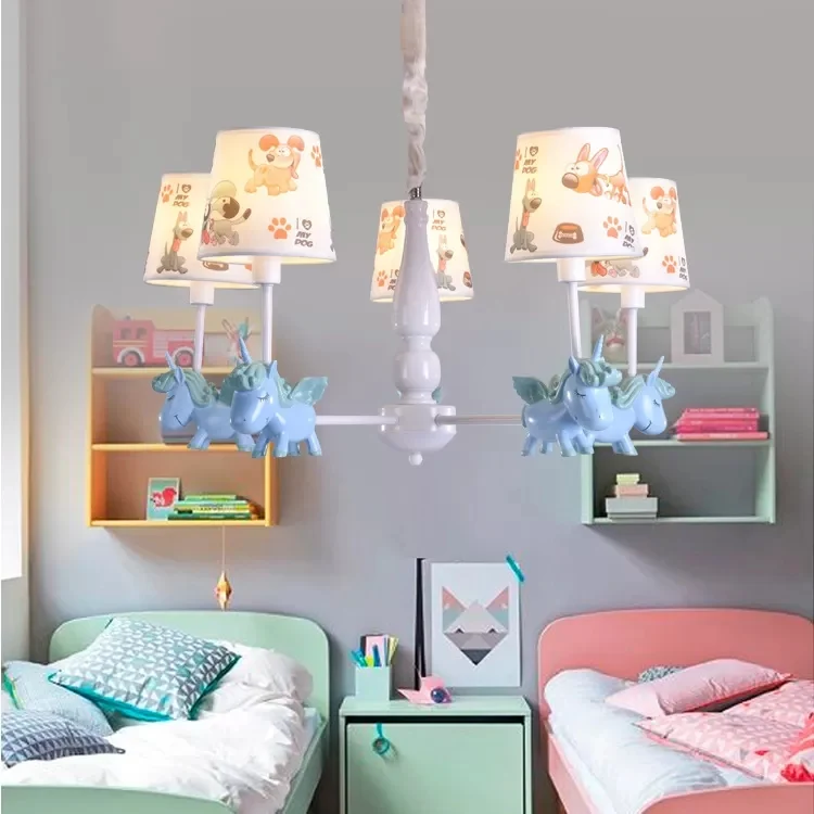 Eenhoorn kinderkamerkroonluchter met stoffen kap Metalen 5-kops mooie hanglamp Clearhalo