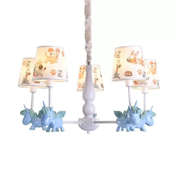 Eenhoorn kinderkamerkroonluchter met stoffen kap Metalen 5-kops mooie hanglamp Clearhalo