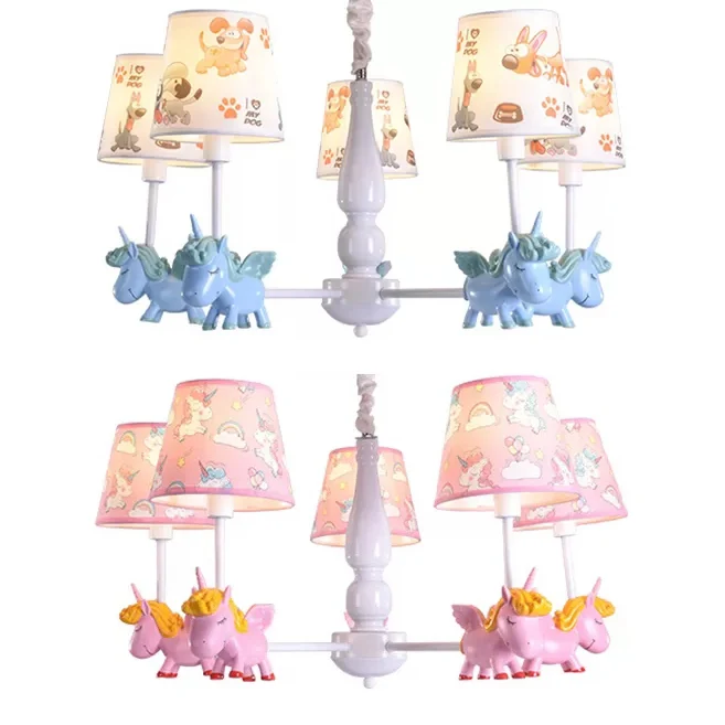 Eenhoorn kinderkamerkroonluchter met stoffen kap Metalen 5-kops mooie hanglamp Clearhalo
