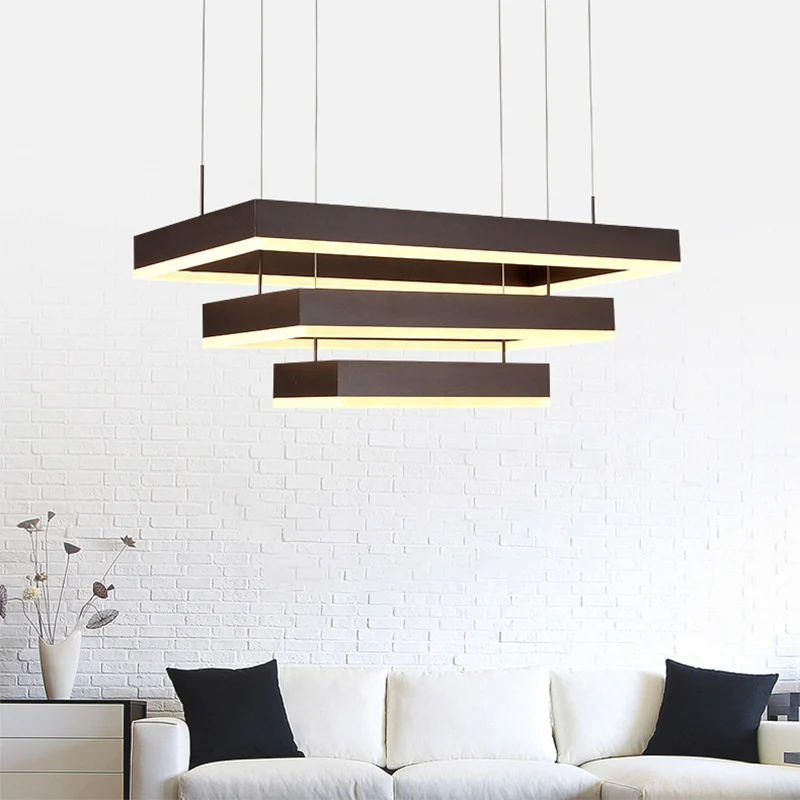 Eenvoud gelaagde taps toelopende kroonluchter metalen woonkamer rechthoekige LED-hanglamp bruin, klein/groot Clearhalo