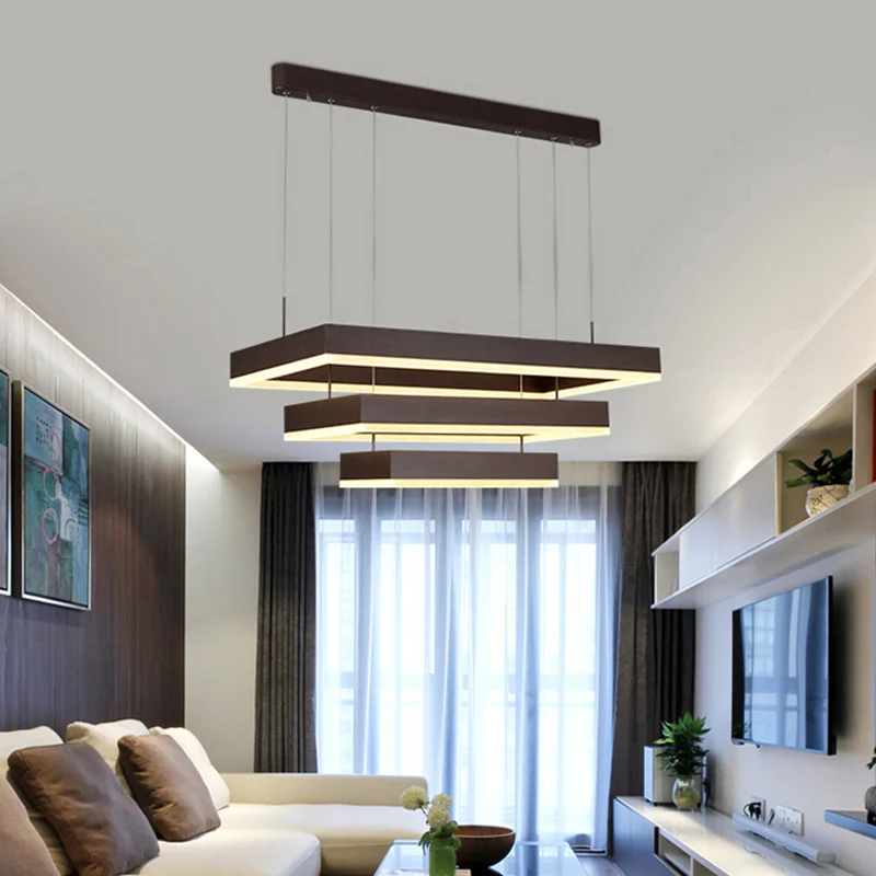 Eenvoud gelaagde taps toelopende kroonluchter metalen woonkamer rechthoekige LED-hanglamp bruin, klein/groot Clearhalo