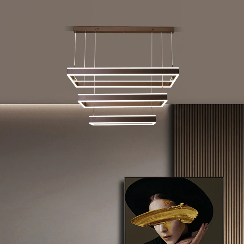 Eenvoud LED hangende plafondlamp koffie 2/3/4 gelaagde rechthoekige kroonluchter met acryl kap Clearhalo