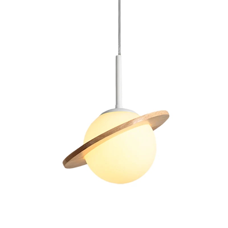 Eenvoudig hangend lichtarmatuur van wit glas, 1-kops bedhanglamp met houten ring Clearhalo