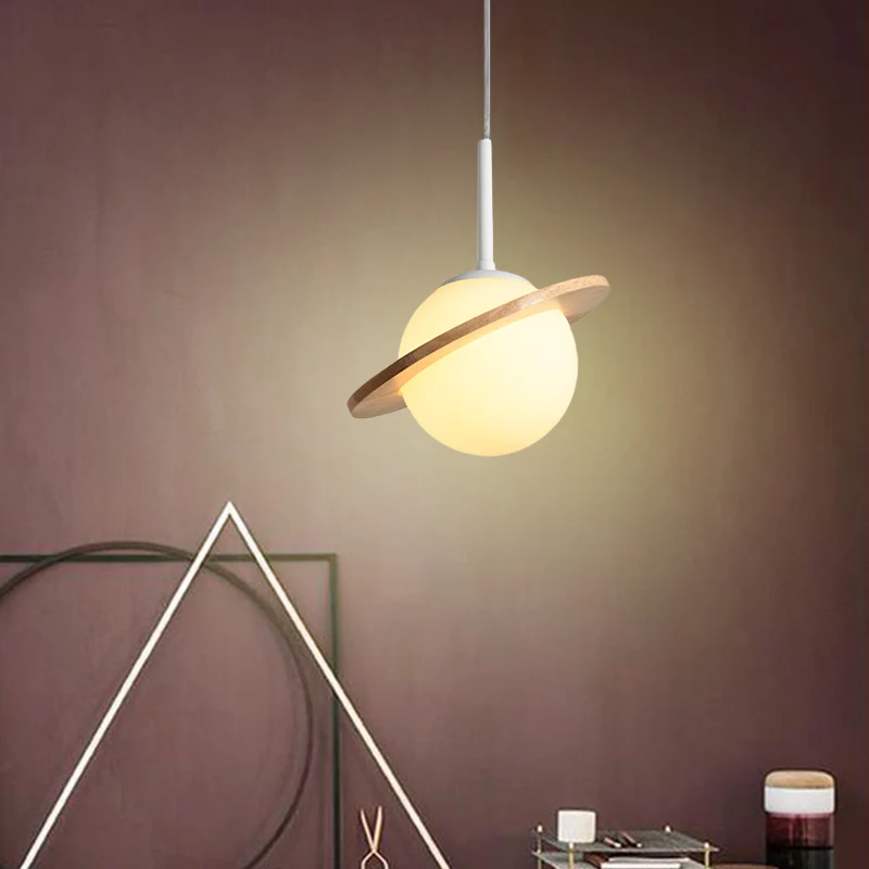 Eenvoudig hangend lichtarmatuur van wit glas, 1-kops bedhanglamp met houten ring Clearhalo