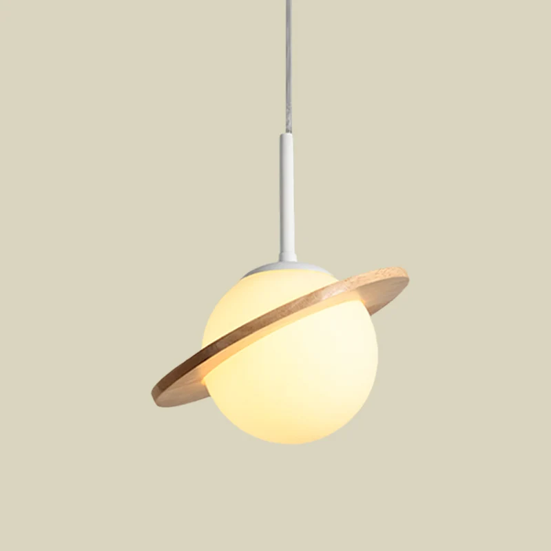 Eenvoudig hangend lichtarmatuur van wit glas, 1-kops bedhanglamp met houten ring Clearhalo