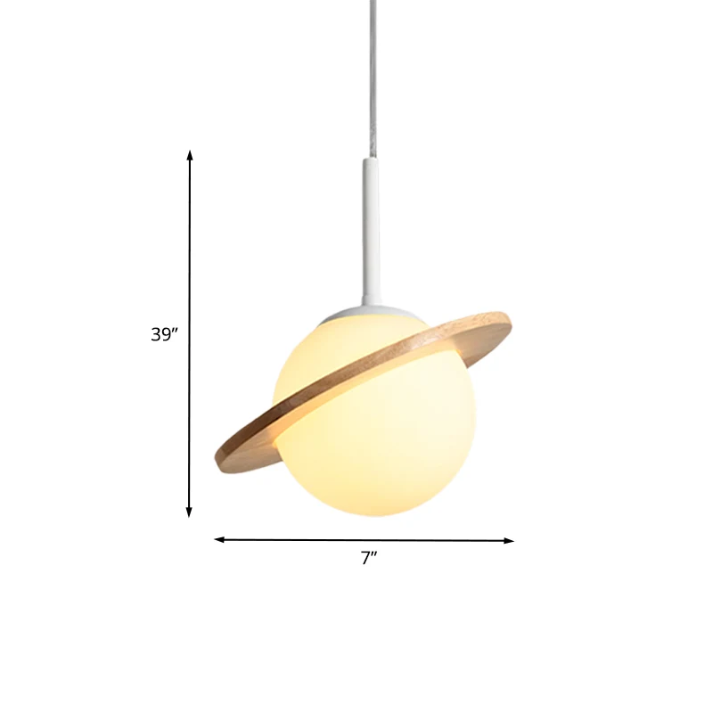 Eenvoudig hangend lichtarmatuur van wit glas, 1-kops bedhanglamp met houten ring Clearhalo