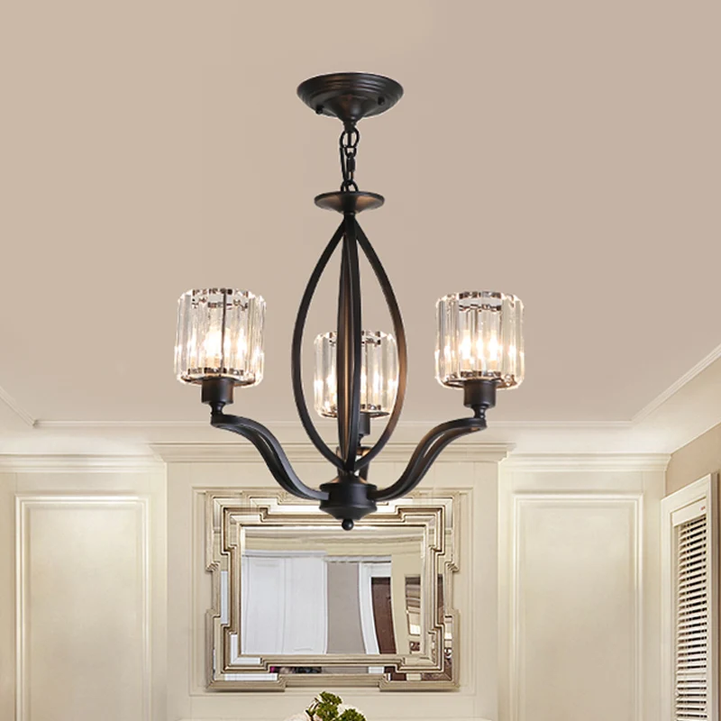 Eenvoudige cilinder kroonluchter licht kristal blok 3/6 lampen slaapkamer plafondlamp zwart Clearhalo