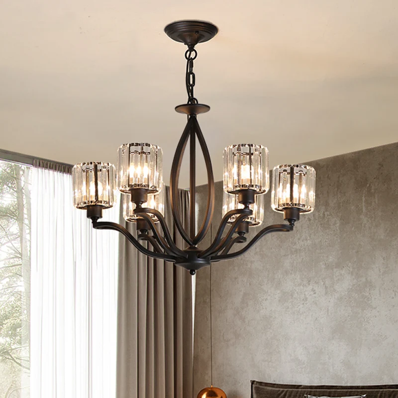 Eenvoudige cilinder kroonluchter licht kristal blok 3/6 lampen slaapkamer plafondlamp zwart Clearhalo