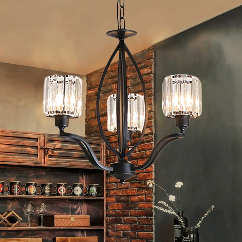 Eenvoudige cilinder kroonluchter licht kristal blok 3/6 lampen slaapkamer plafondlamp zwart Clearhalo