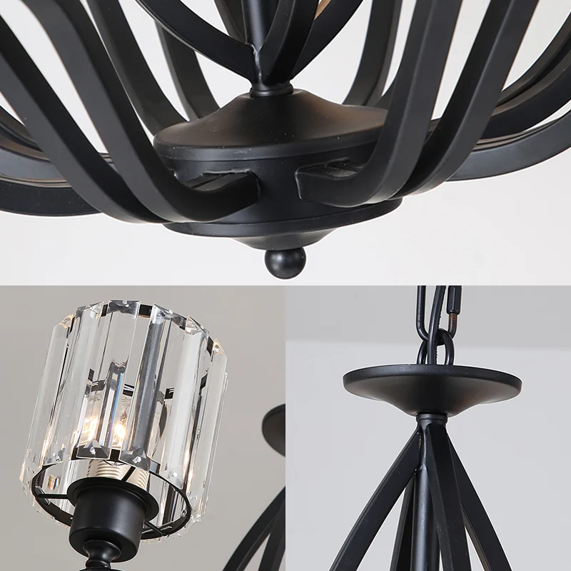 Eenvoudige cilinder kroonluchter licht kristal blok 3/6 lampen slaapkamer plafondlamp zwart Clearhalo