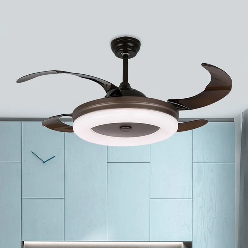 42" W eenvoudige cirkel hangende ventilatorlamp LED metalen semi-inbouwverlichting koffie met 4 bladen, afstandsbediening/...