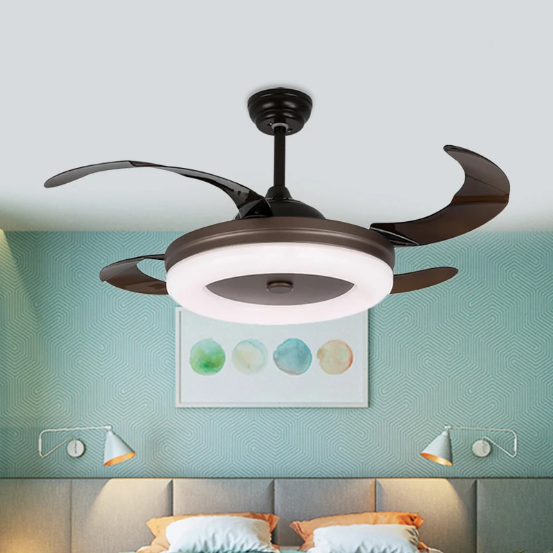 42" W eenvoudige cirkel hangende ventilatorlamp LED metalen semi-inbouwverlichting koffie met 4 bladen, afstandsbediening/...