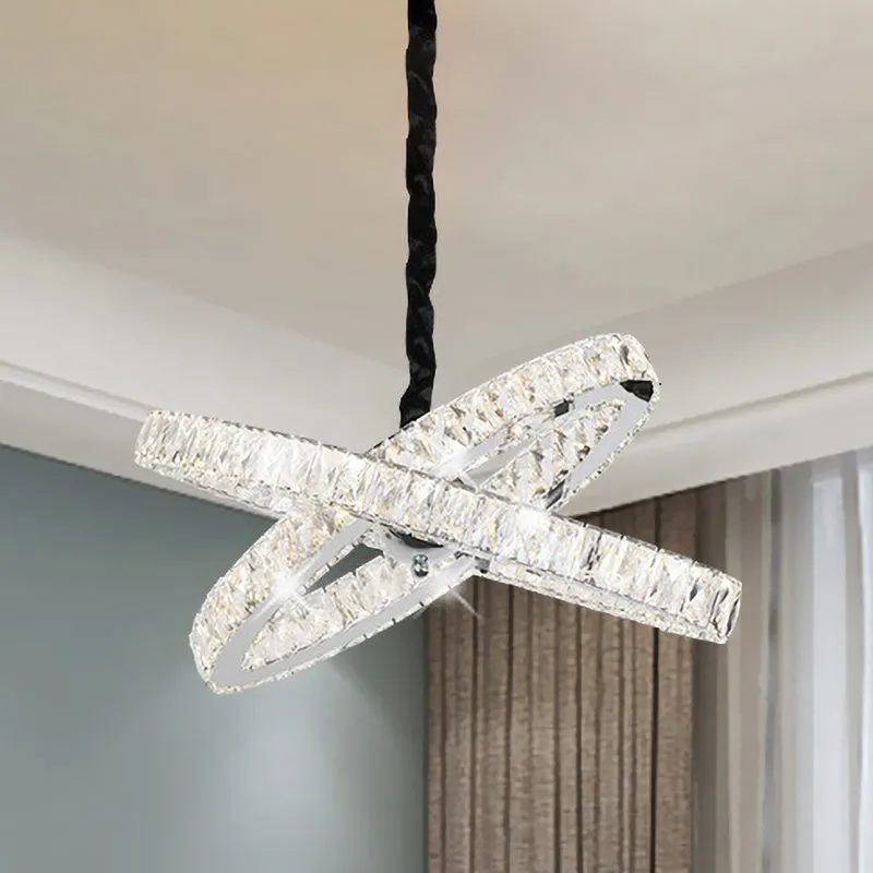 Eenvoudige gekruiste ringen kroonluchter afgeschuinde kristallen ingelegde LED hangende hanglamp roestvrij staal Clearhalo