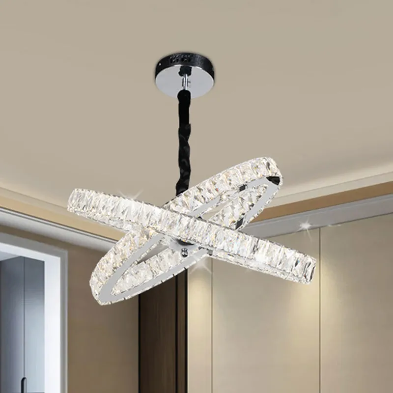 Eenvoudige gekruiste ringen kroonluchter afgeschuinde kristallen ingelegde LED hangende hanglamp roestvrij staal Clearhalo