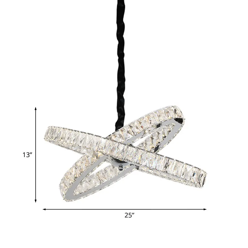 Eenvoudige gekruiste ringen kroonluchter afgeschuinde kristallen ingelegde LED hangende hanglamp roestvrij staal Clearhalo