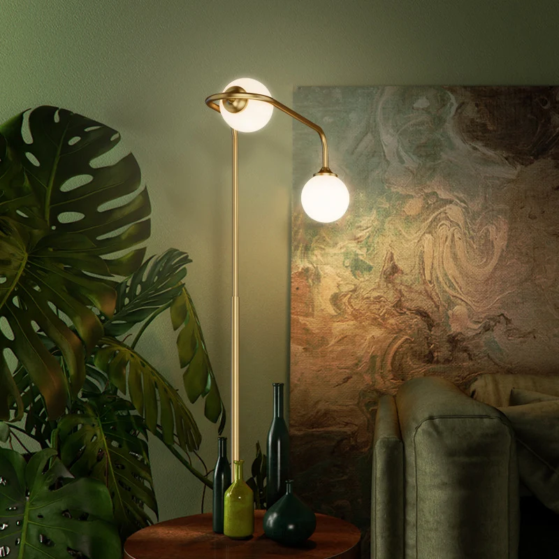 Eenvoudige Globe vloerlamp crèmekleurig glas 2-koppige woonkamer staande verlichting messing Clearhalo
