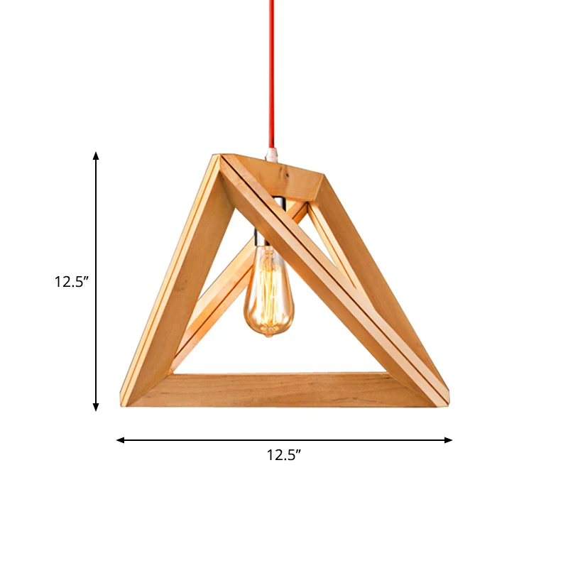Eenvoudige hangende lamp met enkele lamp, beige driehoekige hanglamp met houten kooi, breedte 12,5"/14,5"/16,5" Clearhalo