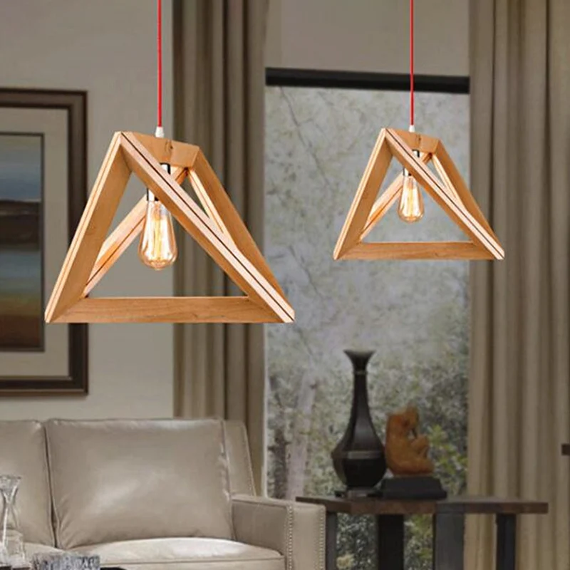 Eenvoudige hangende lamp met enkele lamp, beige driehoekige hanglamp met houten kooi, breedte 12,5"/14,5"/16,5" Clearhalo