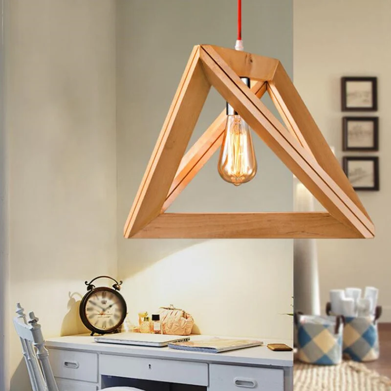 Eenvoudige hangende lamp met enkele lamp, beige driehoekige hanglamp met houten kooi, breedte 12,5"/14,5"/16,5" Clearhalo