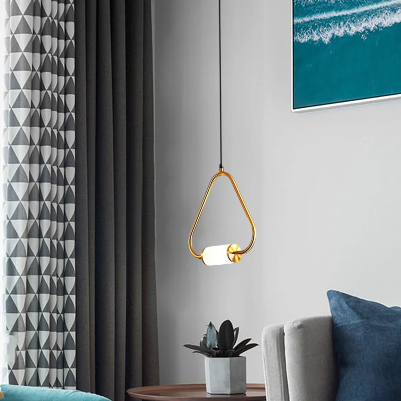 Eenvoudige LED-hangende hanglamp met witte glazen cilinderkap Messing driehoekige/ronde/vierkante plafondlamp Clearhalo